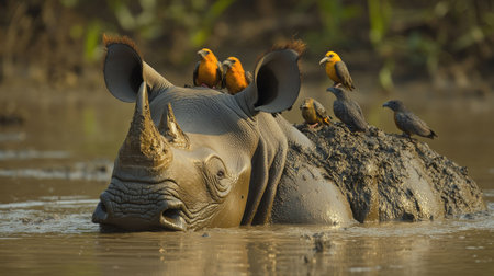 A Javan rhino submerged in a muddy wallow, with birds perched on its back.の素材