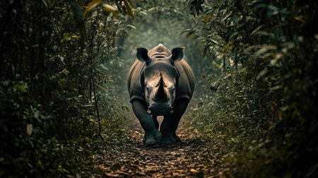 A Javan rhino walking along a narrow forest path, framed by overhanging vines and thick vegetation.の素材