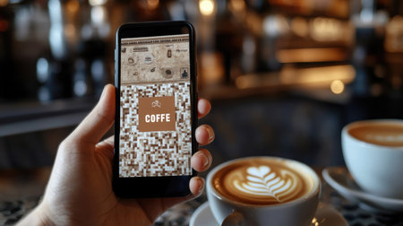 A hand showing a digital voucher on a smartphone screen in a coffee shop settingの素材