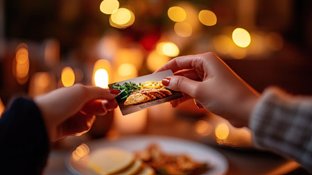 A hand presenting a printed food delivery gift card in a casual home dining settingの素材