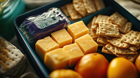 A lunchbox featuring plastic-wrapped cheese cubes alongside crackers, fruit, and a small juice boxの素材