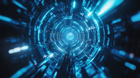 Abstract futuristic hexagonal structure glowing with blue and cyan tones, perfect for tech themesの素材