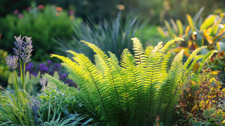 Soft-focus image of fern leaves reaching toward the light, surrounded by other plant life in a garden settingの素材