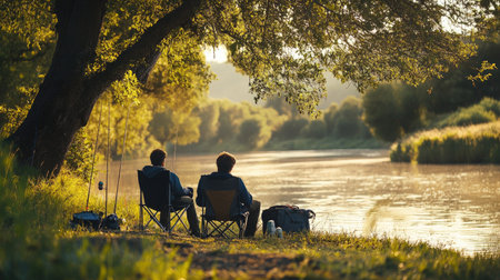 Two friends sitting on camping chairs by a riverbank, fishing rods leaning against a nearby treeの素材
