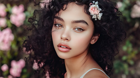 A portrait of a young woman with curly hair, decorated with a floral hair clip, looking effortlessly chic.の素材