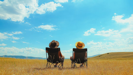 Two friends sitting on camping chairs under a bright blue sky, enjoying the open fields of a countryside campgroundの素材