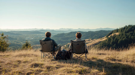 Two campers sitting on folding chairs on a hilltop, with hiking gear and a stunning view in the distanceの素材