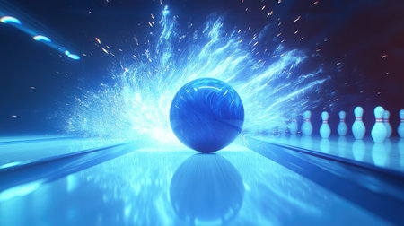 Action shot of a bowling ball on the track with visible motion blur, creating excitement as it heads toward the pinsの素材