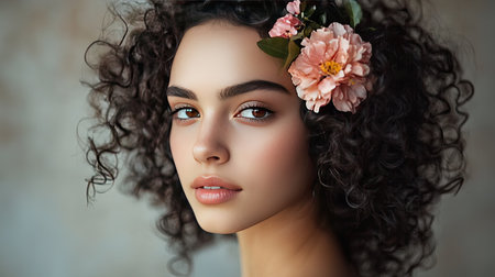 A portrait of a young woman with curly hair, decorated with a floral hair clip, looking effortlessly chic.の素材