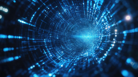 Abstract futuristic hexagonal structure glowing with blue and cyan tones, perfect for tech themesの素材