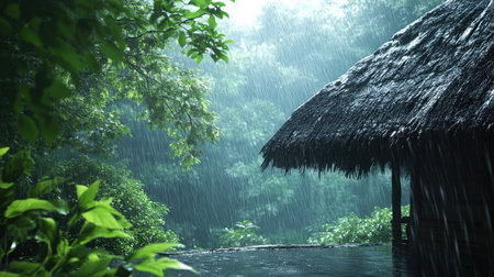 A peaceful scene of rain falling from a thatched roof, surrounded by lush greenery.の素材