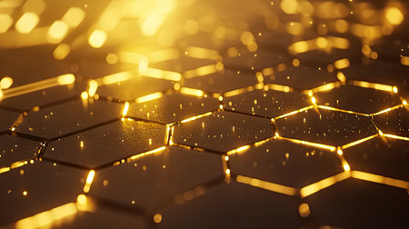 Abstract hexagon background with glowing edges and soft bokeh effects for a modern tech vibeの素材