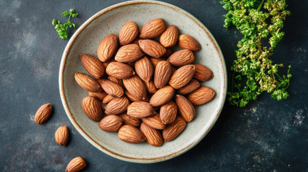 A plate of roasted organic almonds with a handful of fresh herbs, emphasizing their natural, wholesome qualities.の素材
