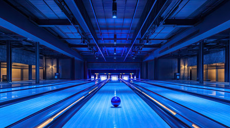 Action shot of a bowling ball spinning down the track, with the pins in the distance and overhead lights highlighting the motionの素材