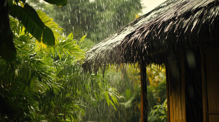 A peaceful scene of rain falling from a thatched roof, surrounded by lush greenery.の素材