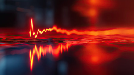 A red heartbeat line with a D glow effect, floating above a reflective surface.の素材