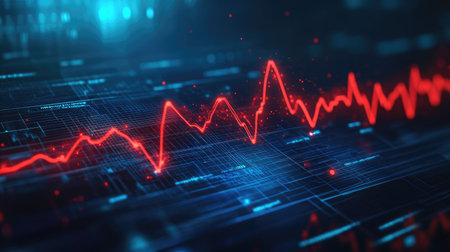 A pulse-like red heartbeat wave stretching across a futuristic dark blue medical interface.の素材