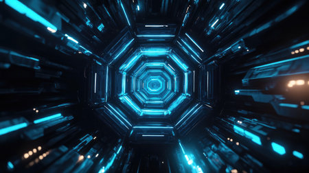 Abstract futuristic hexagonal structure glowing with blue and cyan tones, perfect for tech themesの素材