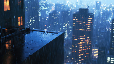 A peaceful moment as rain softly falls from the edge of a city apartment rooftop.の素材