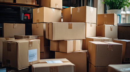 A pile of moving boxes, sealed and labeled, ready to be loaded into a truck for a big move.の素材