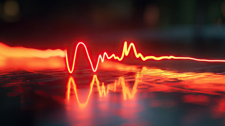 A red heartbeat line with a D glow effect, floating above a reflective surface.の素材