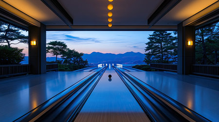 Action shot of a bowling ball spinning down the track, with the pins in the distance and overhead lights highlighting the motionの素材