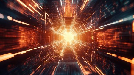 Abstract glowing hexagonal grid with intersecting light beams, evoking a futuristic digital environmentの素材