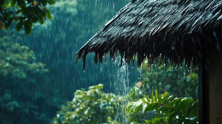 A peaceful scene of rain falling from a thatched roof, surrounded by lush greenery.の素材