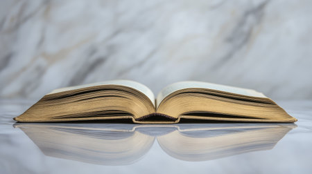 A single open book on a marble tabletop, with a soft reflection visible beneath it.の素材