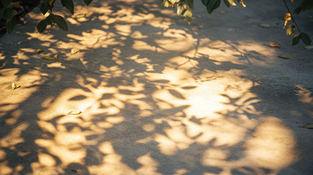 Abstract shadows of tree leaves dancing on a concrete path in the soft glow of the morning sunの素材