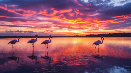 A stunning sunset reflecting on the water as flamingos stand elegantly in the shallow lagoon.の素材