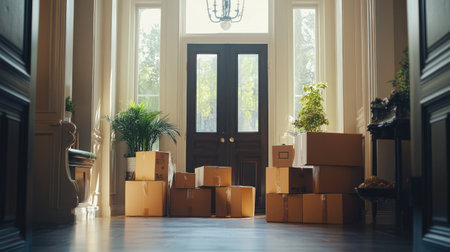 A spacious entryway with packed moving boxes stacked neatly, ready to be sorted in the new home.の素材