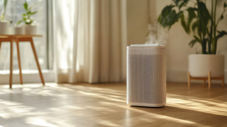 A stylish air purifier on a wooden floor in a minimalist home interior.の素材