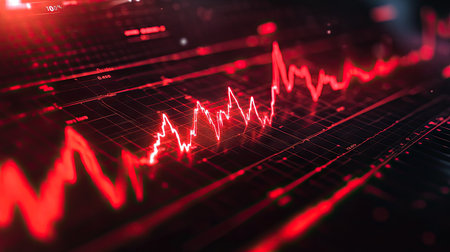 A smooth red ECG wave pulsating across a digital screen, symbolizing heart health and monitoring.の素材