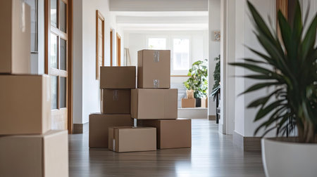 A spacious entryway with packed moving boxes stacked neatly, ready to be sorted in the new home.の素材