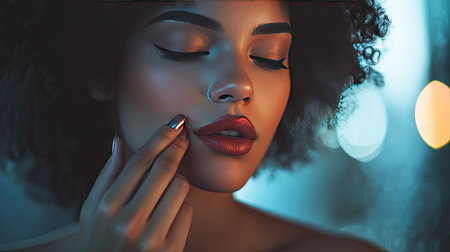 A stylish woman putting on a matte lipstick, with soft lighting accentuating her features.の素材