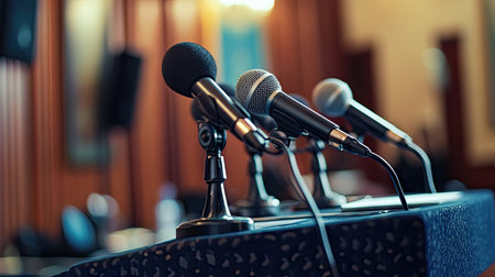 A podium setup with multiple microphones on a table, ready for a public speech.の素材