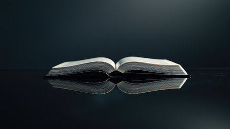 A study table with an open book, its reflection crisp on a smooth black surface.の素材