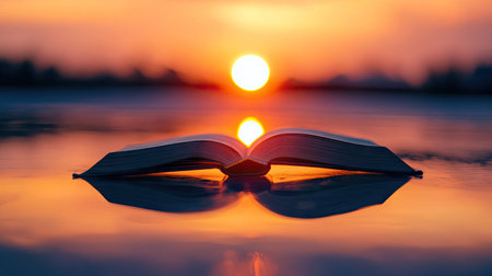 A warm sunset reflecting through an open book placed on a glass surface.の素材