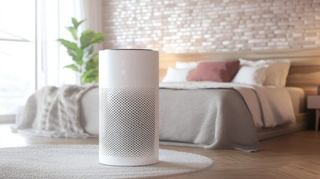 A white air purifier running in a cozy bedroom, ensuring fresh and healthy air.の素材