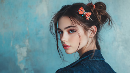 A stylish young woman with a bold hair clip in her hair, capturing a fashion-forward, modern look.の素材