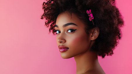 A stylish young woman with a bold hair clip in her hair, capturing a fashion-forward, modern look.の素材