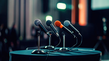 A podium setup with multiple microphones on a table, ready for a public speech.の素材
