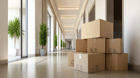 A stack of cardboard boxes neatly arranged in the hallway, waiting to be moved into a new home.の素材