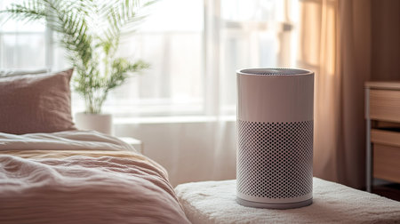 A white air purifier running in a cozy bedroom, ensuring fresh and healthy air.の素材