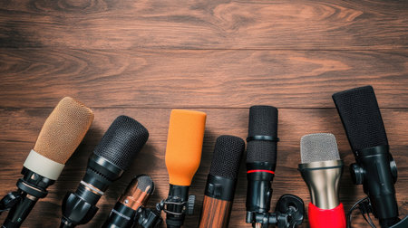 A variety of professional microphones neatly arranged on a wooden table, ready for a podcast or press conference.の素材