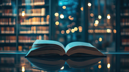 A university study desk with an open book, its reflection adding depth to the scene.の素材