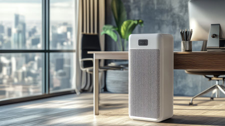 A stylish white air purifier standing next to a modern office desk.の素材