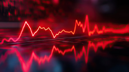 A red heartbeat line with a D glow effect, floating above a reflective surface.の素材