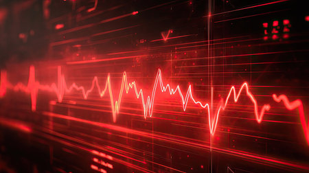 A smooth red ECG wave pulsating across a digital screen, symbolizing heart health and monitoring.の素材